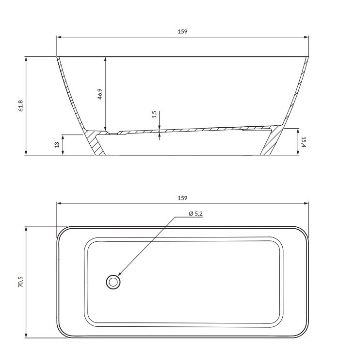 Omnires PARMA wanna wolnostojąca Marble+, 159 x 71 cm biały czarny połysk. PARMAWWBCP rys. tech.  BudoHurt Łódź.png