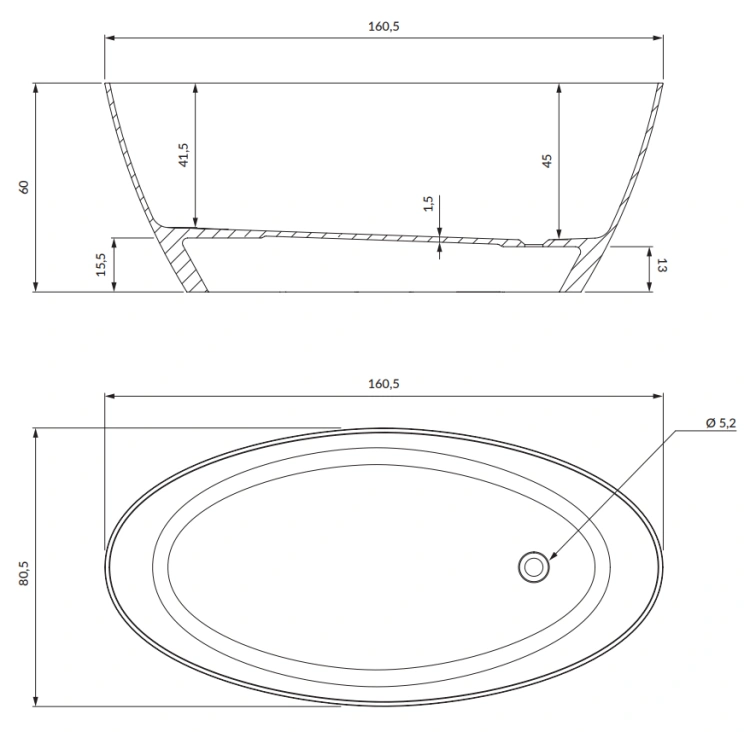 Omnires SIENA M+ wanna wolnostojąca 161 x 81 cm biały czarny połysk. SIENAWWBCP rys. tech. BudoHurt Łódź.png