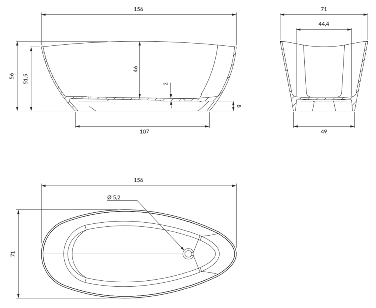 Omnires BARCELONA M+ wanna wolnostojąca 156 x 71 cm biały czarny połysk. BARCELONA156BCP rys. tech. BudoHurt Łódź.png