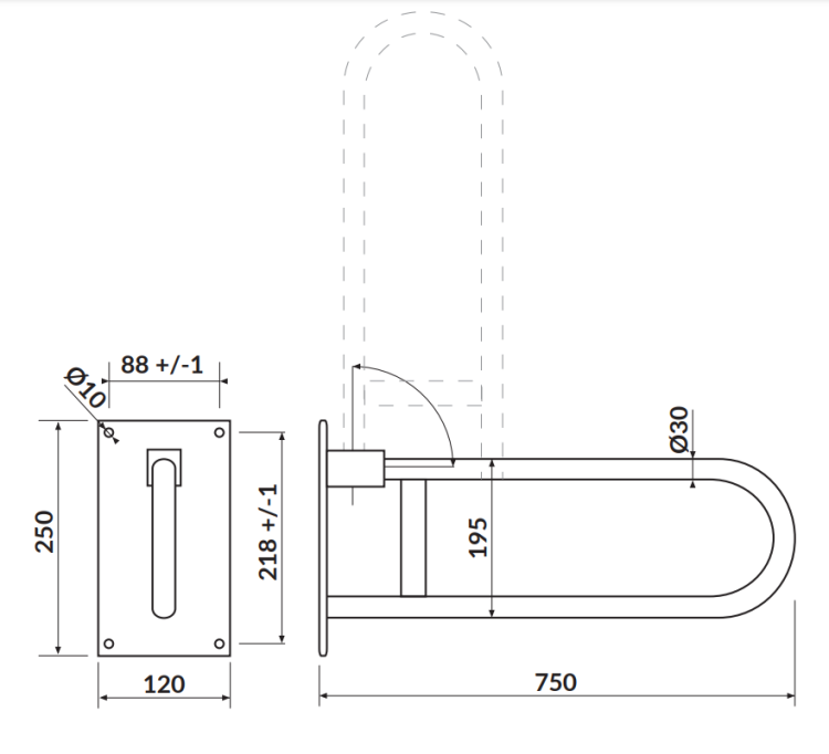 Cersanit uchwyt ścienny do WC 75 cm uchylny. K97-035 rys. tech. BudoHurt Łódź.png