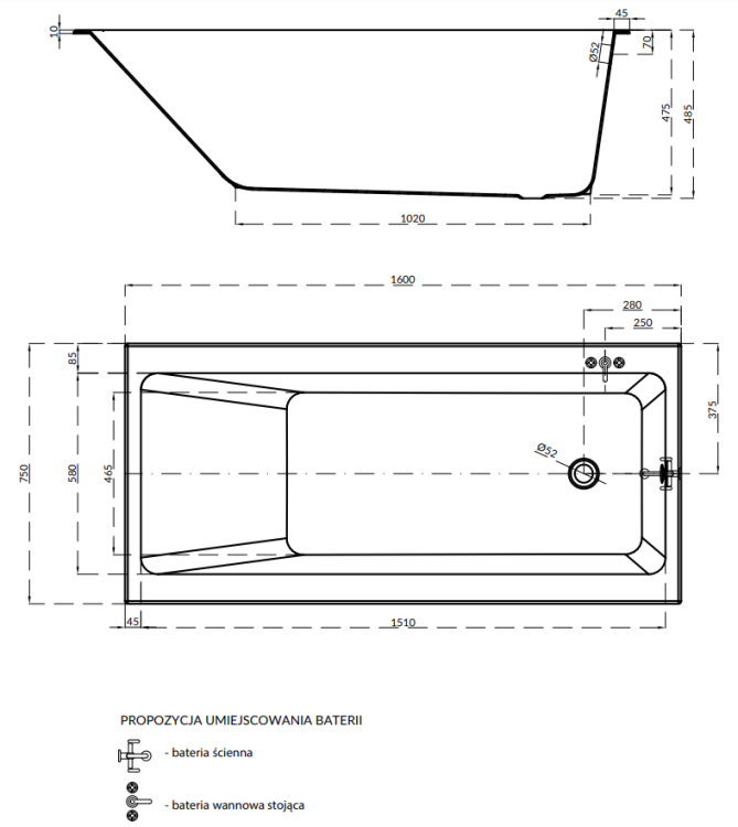 Cersanit Wanna Prostokątna Crea 160x75. S301-225 rys. tech. BudoHurt Łódź.png