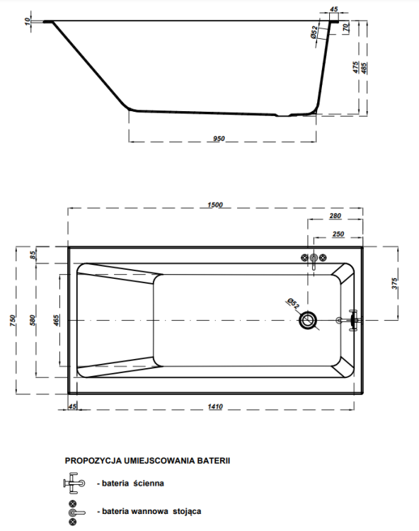 Cersanit Wanna Prostokątna Crea 150x75. S301-233 rys. tech. BudoHurt Łódź.png