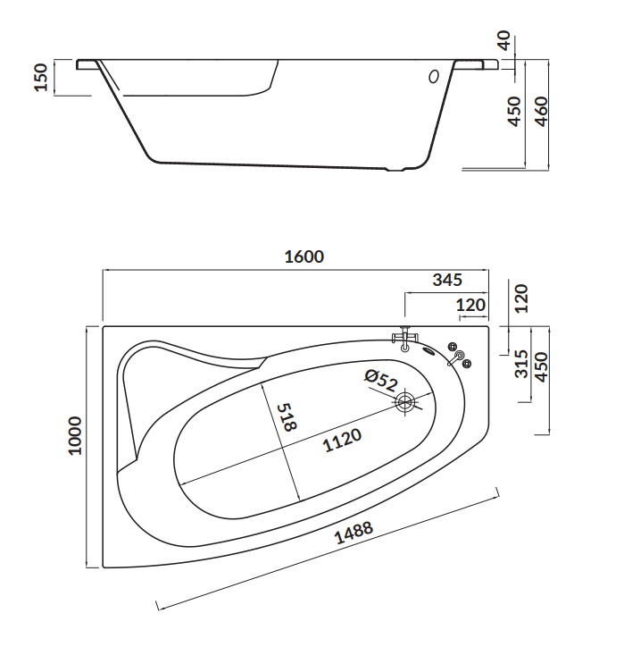 Cersanit Wanna Asymetryczna Sicilia New Lewa 160x100. S301-036 rys. tech. BudoHurt Łódź.png