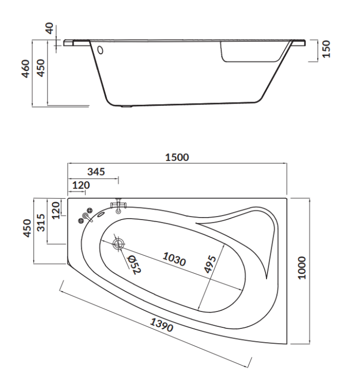 Cersanit Wanna Asymetryczna Sicilia New Prawa 150x100. S301-096 rys. tech. BudoHurt Łódź.png