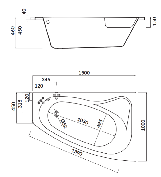 Cersanit Wanna Asymetryczna Sicilia New Lewa 150x100. S301-095 rys. tech. BudoHurt Łódź.png