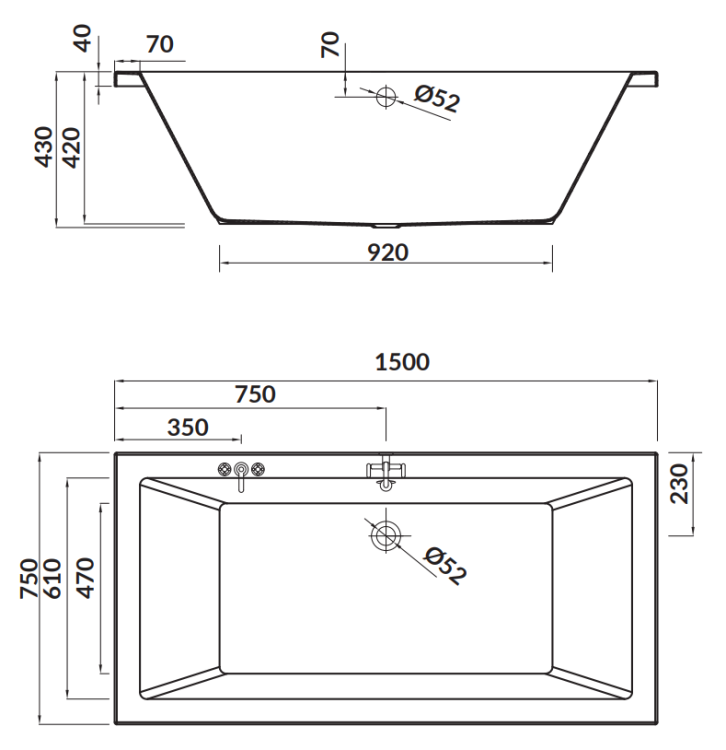 Cersanit Wanna Prostokątna Intro 150x75. S301-066 rys. tech. BudoHurt Łódź.png