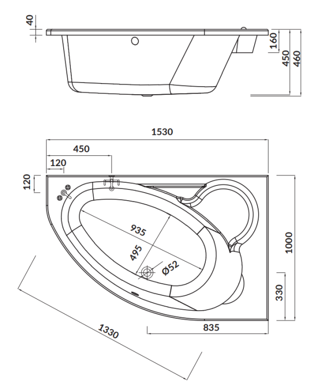 Cersanit Wanna Asymetryczna Kaliope Prawa 153x100. S301-025 rys. tech. BudoHurt Łódź.png