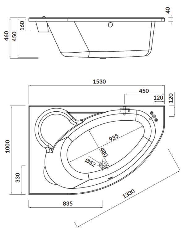 Cersanit Wanna Asymetryczna Kaliope Lewa 153x100. S301-024 rys. tech. BudoHurt Łódź.png