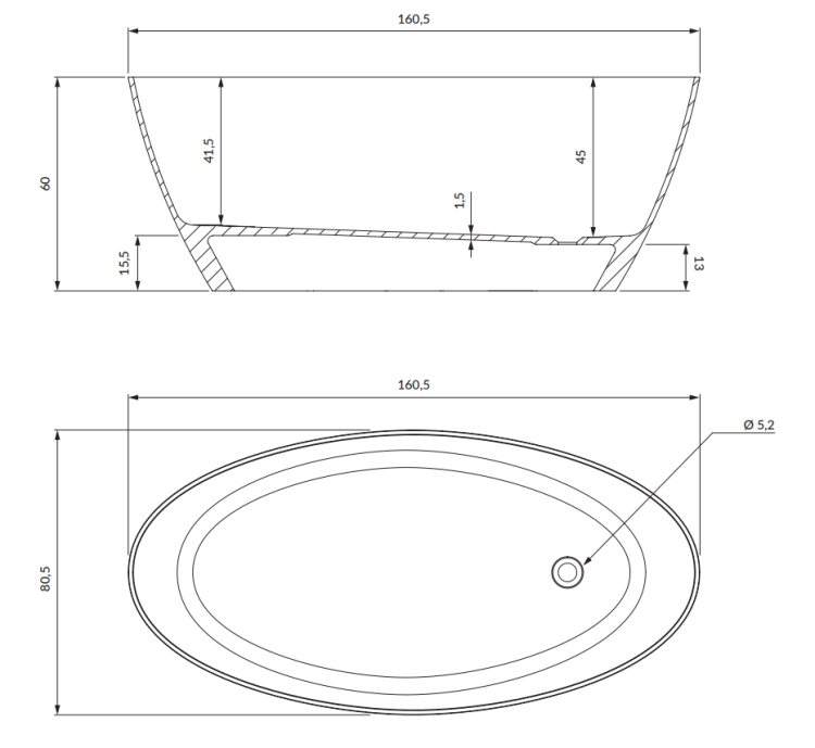 Omnires SIENA M+  wanna wolnostojąca 161 x 81 cm biały połysk. SIENAWWBP  rys. tech. BudoHurt Łódź.png