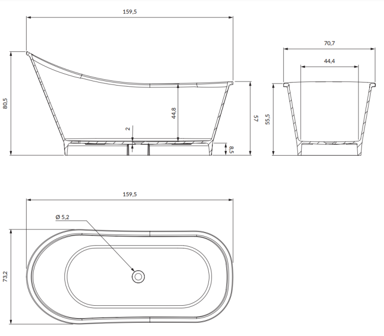 Omnires VENEZIA M+  wanna wolnostojąca  160 x 73 cm biały czarny połysk. VENEZIA159BCP rys. tech. BudoHurt Łódź.png