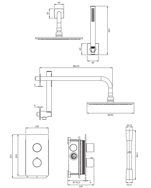 Omnires CONTOUR termostatyczny system prysznicowy podtynkowy  złoto szczotkowane. SYSCT11GLB rys. tech. BudoHurt Łódź.png