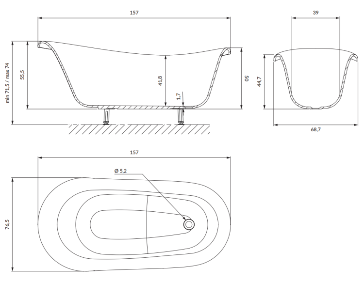 Omnires ATENA COMFORT M+ wanna wolnostojąca 157 x77 cm biały połysk. ATENA157BP rys. tech. BudoHurt Łódź.png