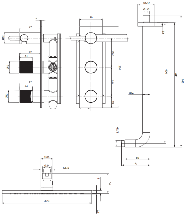 Omnires CONTOUR system prysznicowy podtynkowy  złoto szczotkowane. SYSCT10GLB  rys. tech. BudoHurt Łódź.png