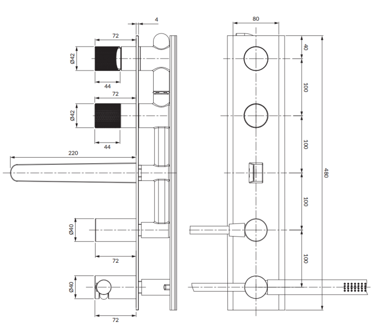 Omnires CONTOUR bateria wannowa 5-otworowa, podtynkowa  złoto szczotkowane. CT80371GLB rys. tech. BudoHurt Łódź.png