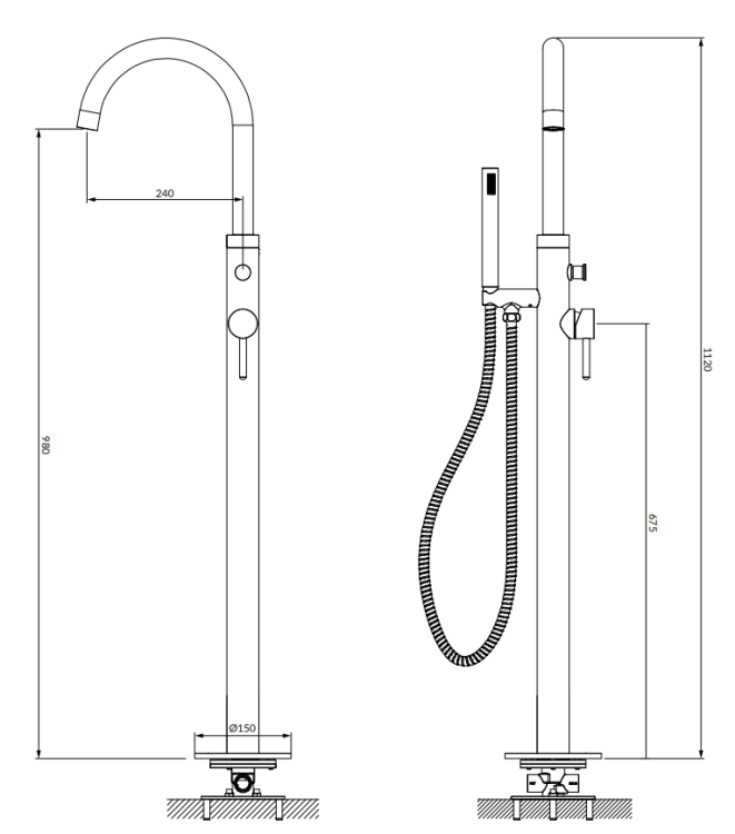 Omnires Y bateria wannowa wolnostojąca złoto szczotkowane. Y1233GLB rys. tech. BudoHurt Łódź.png