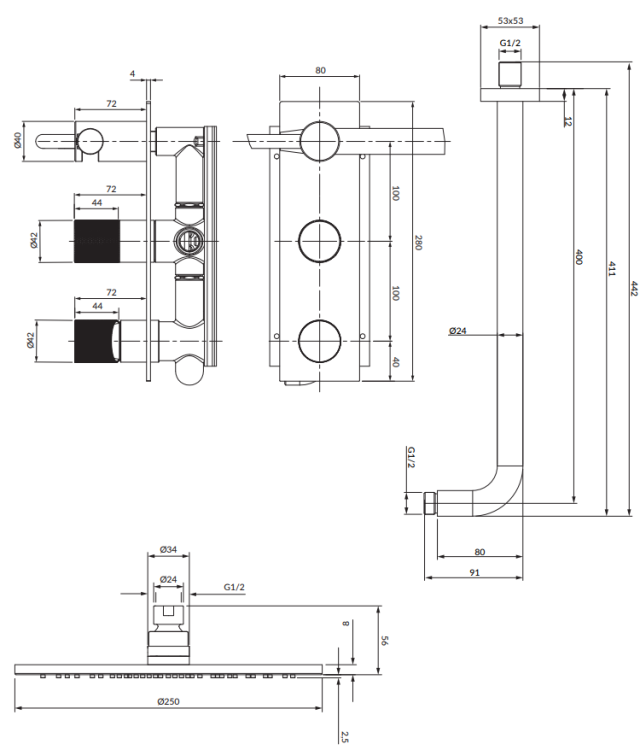 Omnires CONTOUR system prysznicowy podtynkowy  antracyt. SYSCT10AT rys. tech. BudoHurt Łódź.png