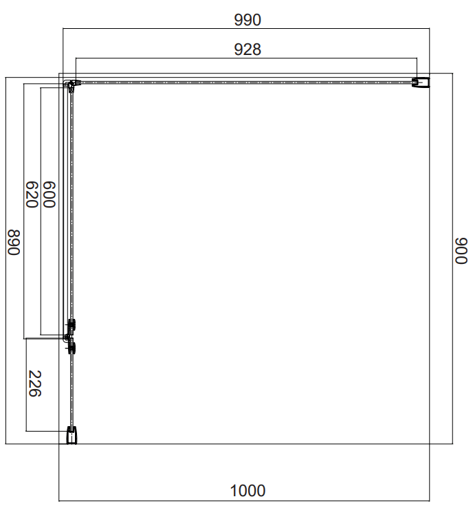 Omnires MANHATTAN kabina prysznicowa prostokątna z drzwiami uchylnymi, 90 x 100 cm czarny mat. MH9010BLTR rys. tech. BudoHurt Łódź.png