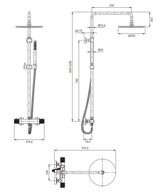 Omnires CONTOUR termostatyczny system prysznicowy natynkowy  złoto szczotkowane. CT8044GLB rys. tech. BudoHurt Łódź.png