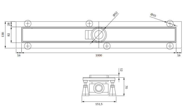 Omnires Lowfix Prysznicowy odpływ liniowy z maskownicą do wklejenia płytek, 100 cm.  LOWFIX100TSL  rys. tech. BudoHurt Łódź.png