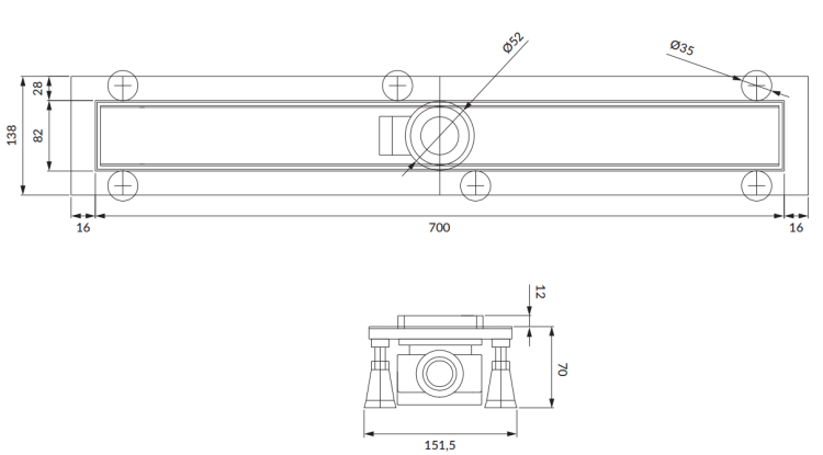 Omnires Lowfix Prysznicowy odpływ liniowy z maskownicą do wklejenia płytek, 70 cm. LOWFIX70TSL rys. tech. BudoHurt Łódź.png