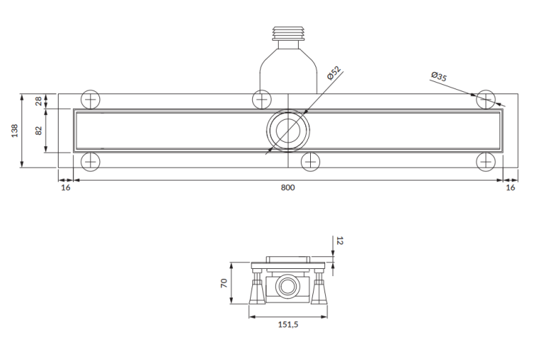 Omnires Lowfix CZARNY odpływ liniowy z maskownicą do wklejenia płytek 80 cm. LOWFIX80TBL rys. tech. BudoHurt Łódź.png