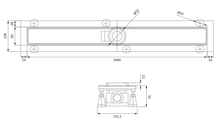 Omnires Lowfix CZARNY odpływ liniowy z maskownicą pełną 100 cm. LOWFIX100GBL rys. tech. BudoHurt Łódź.png