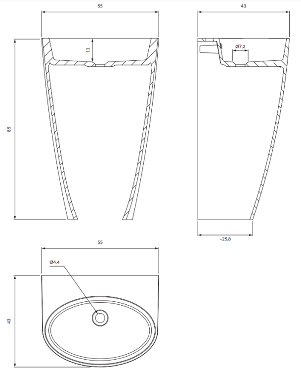 Omnires SIENA umywalka wolnostojąca Marble+, 55 x 43 cm biały czarny połysk. SIENAUWBOBCP rys. tech. BudoHurt Łódź.png