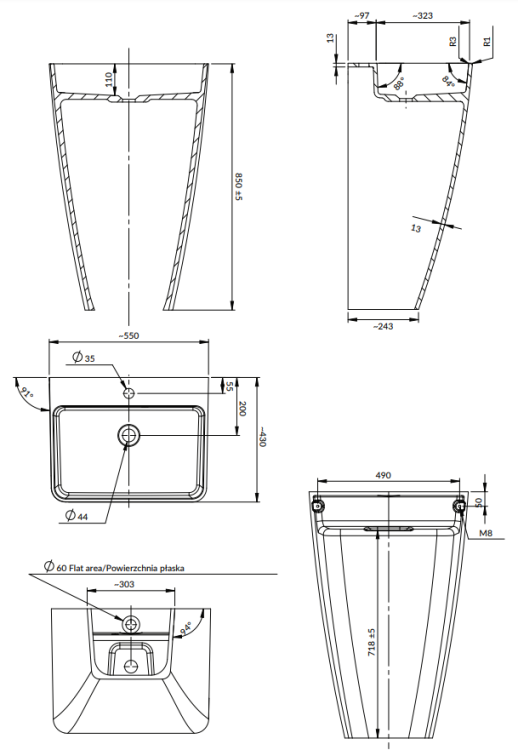 Omnires PARMA M+ umywalka wolnostojąca 55 x 43 cm biały czarny połysk. PARMAUWBCP rys. tech. BudoHurt Łódź.png