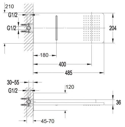 Omnires WATERFALL deszczownica, 49 x 21 cm chrom. WG510CR rys. tech.png