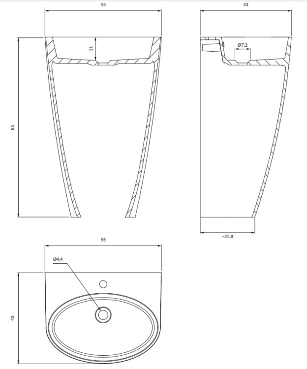 Omnires SIENA umywalka wolnostojąca Marble+, 55 x 43 cm biały połysk. SIENAUWBP  rys. tech.png