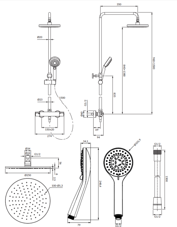 Omnires Y termostatyczny system prysznicowy natynkowy złoty. Y1244LUXLGL rys. tech..png