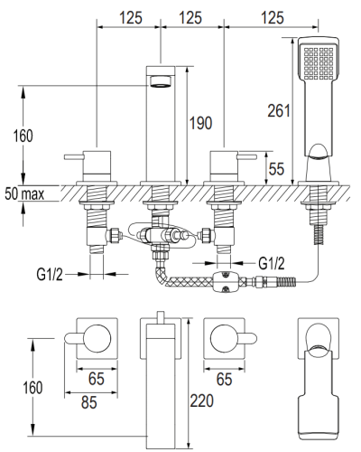 Omnires DARLING bateria wannowa 4-otworowa złoty. DA5032GL  rys. tech..png