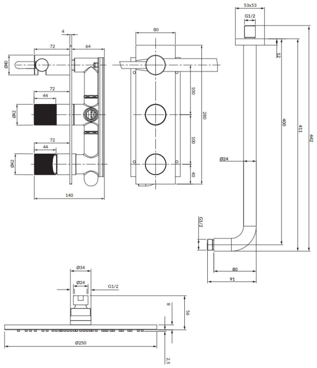 Omnires CONTOUR system prysznicowy podtynkowy  chrom. SYSCT10CR  rys. tech.jpg