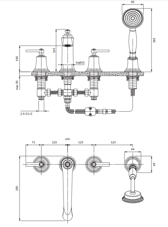 Omnires ARMANCE bateria wannowa 4-otworowa miedź antyczna. AM5232ORB rys. tech..png