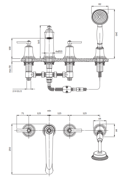 Omnires ARMANCE bateria wannowa 4-otworowa  złoty. AM5232GL rys. tech..png