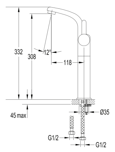 Omnires DARLING bateria umywalkowa z korkiem klik-klak, 33 cm złoty. DA5013 1G  rys. tech..png