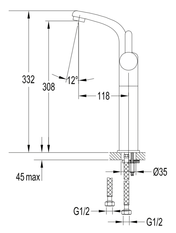 Omnires DARLING bateria umywalkowa z korkiem klik-klak, 33 cm złoty. DA5013 1G  rys. tech..png
