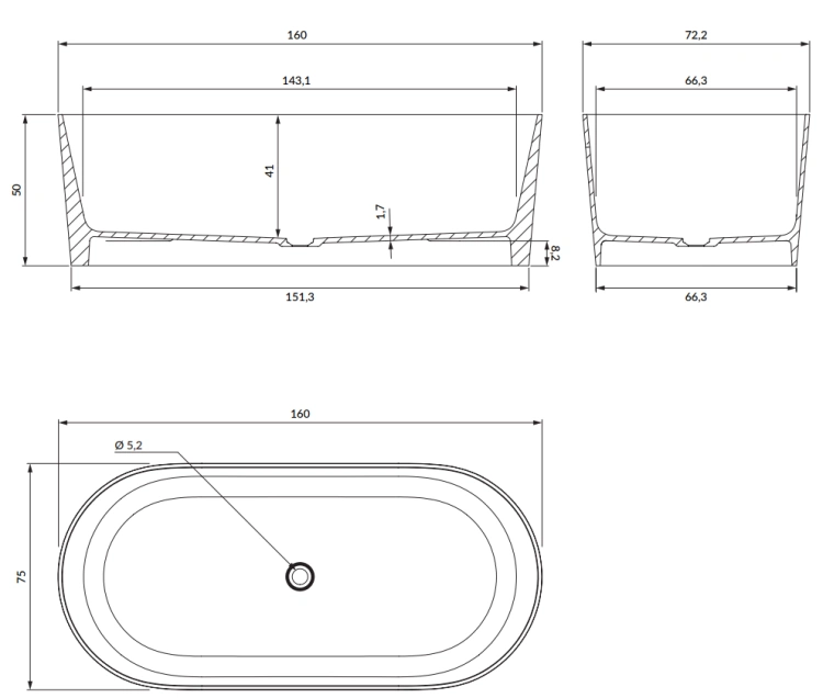 Omnires OVO wanna wolnostojąca Marble+, 160x75 cm, z syfonem biały połysk. OVOWWBP  rys. tech. BudoHurt Łódź.png