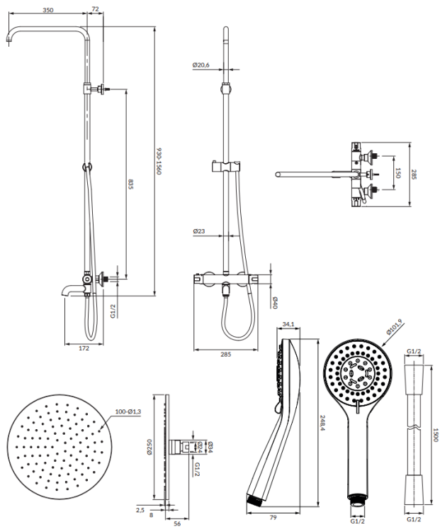 Omnires Y termostatyczny system wannowy natynkowy chrom. Y1234ALCR rys. tech.png