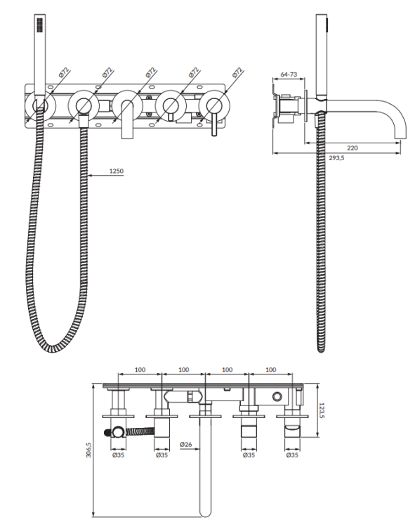 Omnires Y bateria wannowa 5-otworowa podtynkowa chrom. Y1237 1CR rys. tech.png