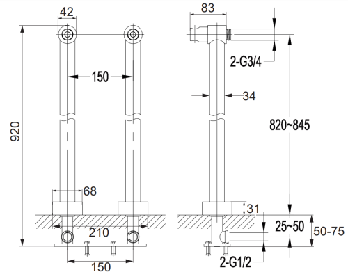 Omnires uniwersalne nogi do baterii miedź antyczna. 8819ORB  rys. tech.png