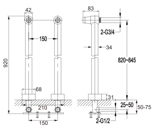 Omnires uniwersalne nogi do baterii brąz antyczny. 8819BR rys. tech.png