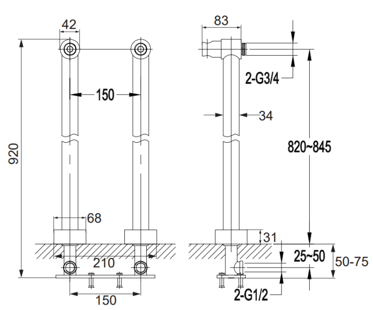 Omnires uniwersalne nogi do baterii brąz antyczny. 8819BR rys. tech.png