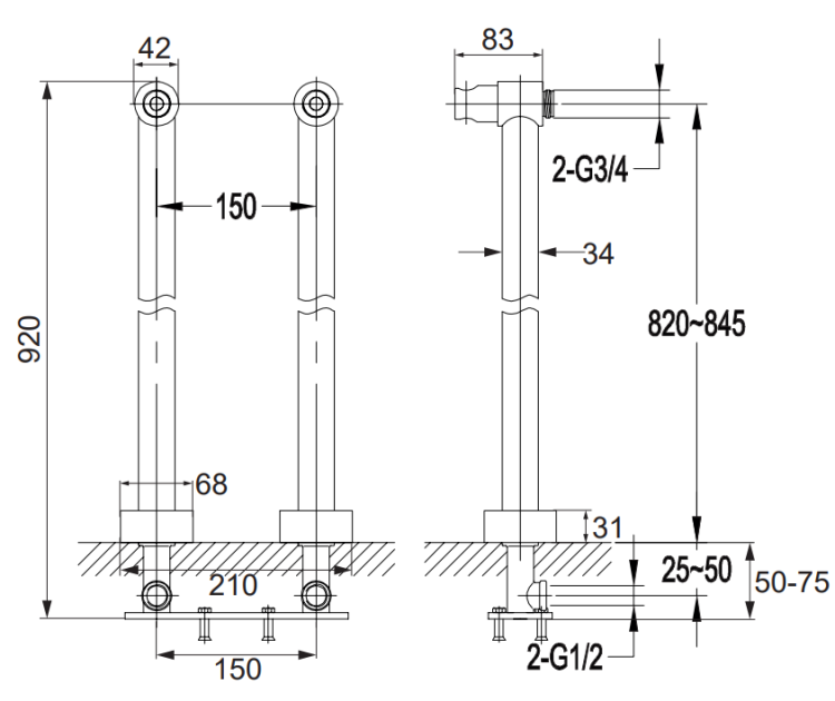 Omnires uniwersalne nogi do baterii złoty. 8819GL rys. tech.png