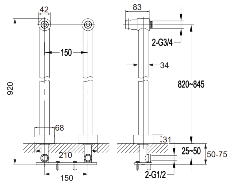 Omnires uniwersalne nogi do baterii czarny. 8819BL rys. tech.png