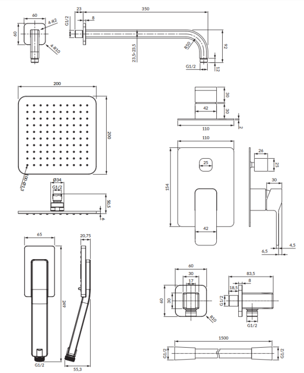 Omnires SLIDE system prysznicowy podtynkowy  grafit. SYSSL12GR rys. tech.png