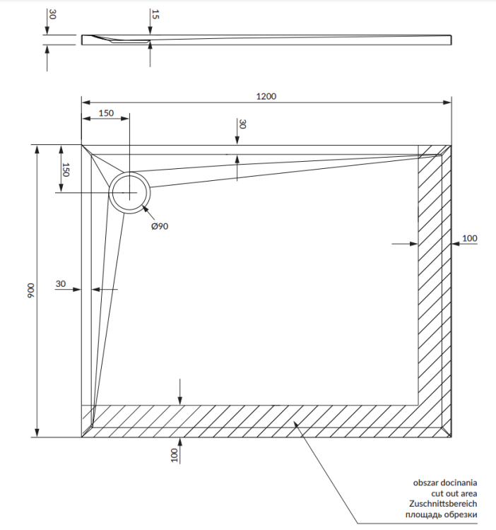 Omnires STONE brodzik prysznicowy prostokątny ze strukturą kamienia, 90 x 120 cm czarny mat. STONE90 120BL rys. tech.png