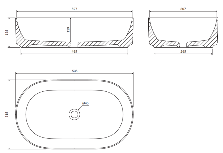 Omnires MESA Umywalka nablatowa  53 x 32 cm Biały Mat. MESA530BM  rys. BudoHurt.com Łódź.png
