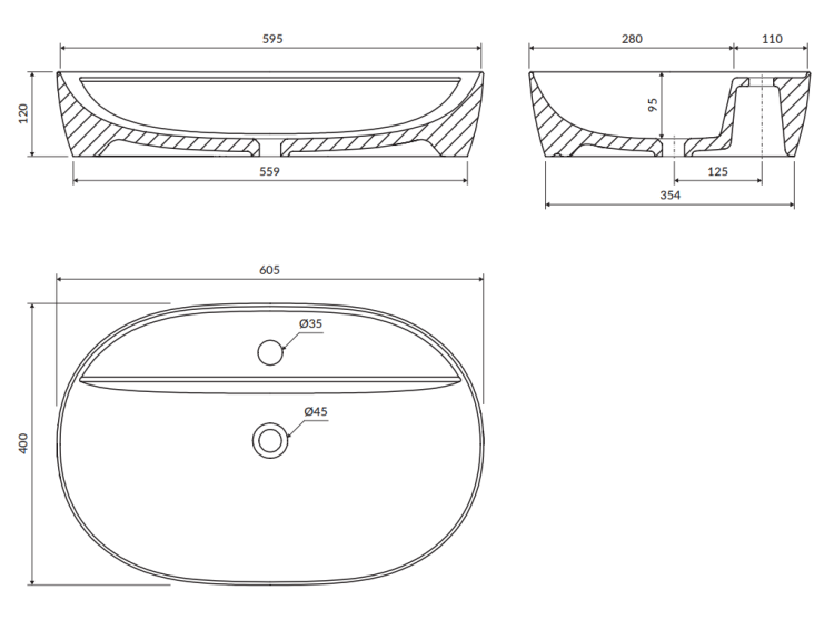 Omnires MESA Umywalka nablatowa  61 x 40 cm Biały Połysk. ATLANTA610BP rys. BudoHurt.com Łódź.png