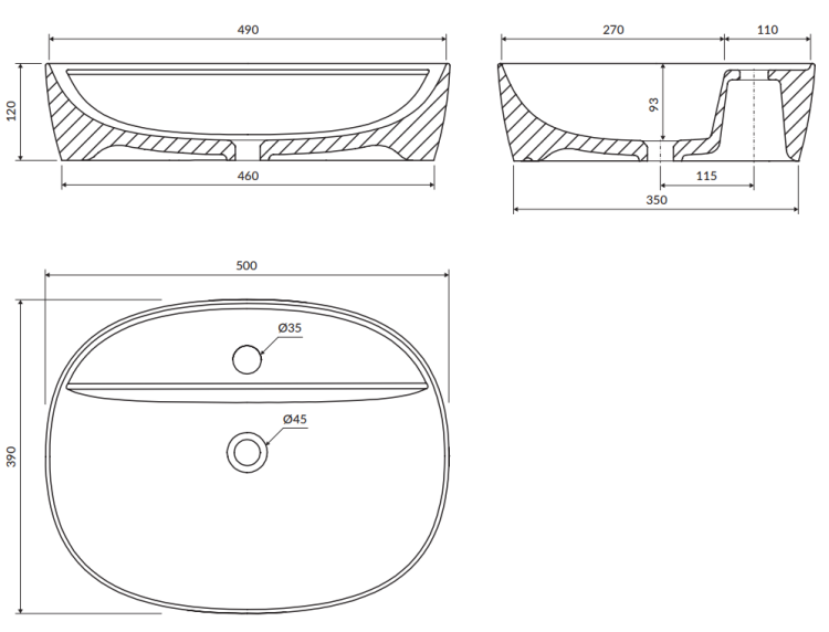 Omnires MESA Umywalka nablatowa  51 x 39 cm Biały Połysk. ATLANTA505BP  rys. BudoHurt.com Łódź.png